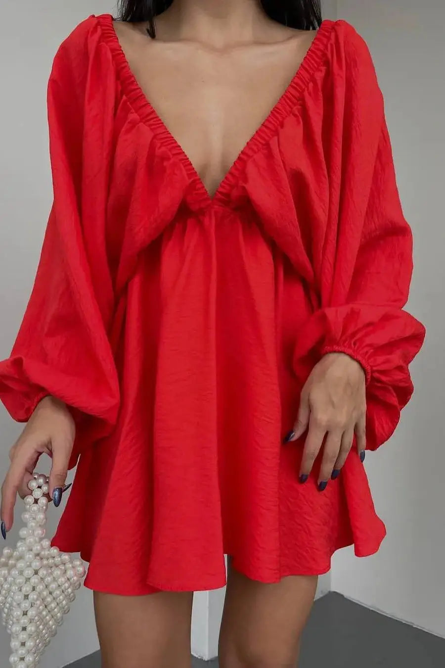 V-Neck Long-Sleeved Mini Dress