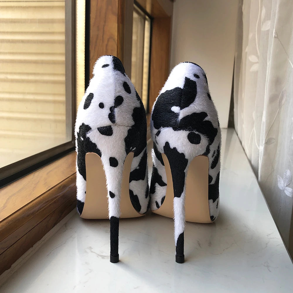 Cow Print Women White Hairy Flock Pointy Toe High Heel Shoes - Cow Print High Heel Shoes