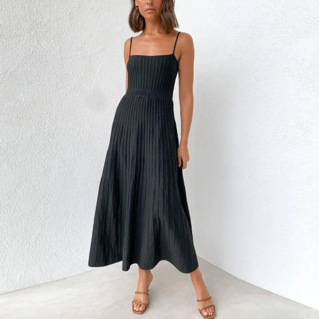 Spaghetti Strap Ribbed Knit Fit and Flare Maxi Dress