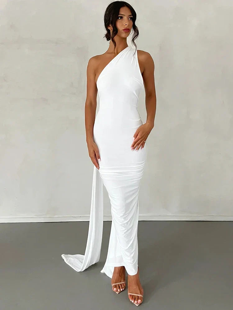 Halter Neck Open Back Draped Sash Ruched Ring Detail Maxi Dress
