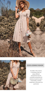Deep V-Neck Button Front Tie Cuff Short Sleeve Linen Midi Dress