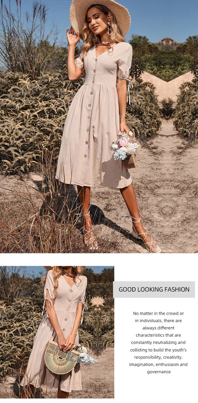 Deep V-Neck Button Front Tie Cuff Short Sleeve Linen Midi Dress