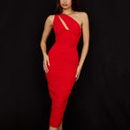 One Shoulder Keyhole Cut Out Corset Seam Ruched Bodycon Midi Dress