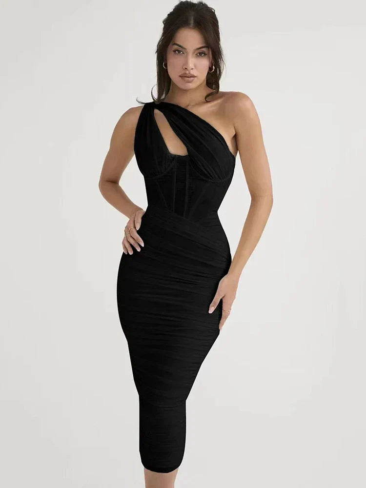 One Shoulder Corset Bodice Ruched Bodycon Midi Dress