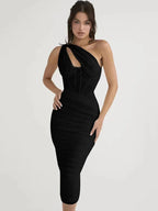 One Shoulder Corset Bodice Ruched Bodycon Midi Dress