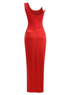 Red Satin Gown Dress with One Shoulder and Sequin/Rhinestone Details