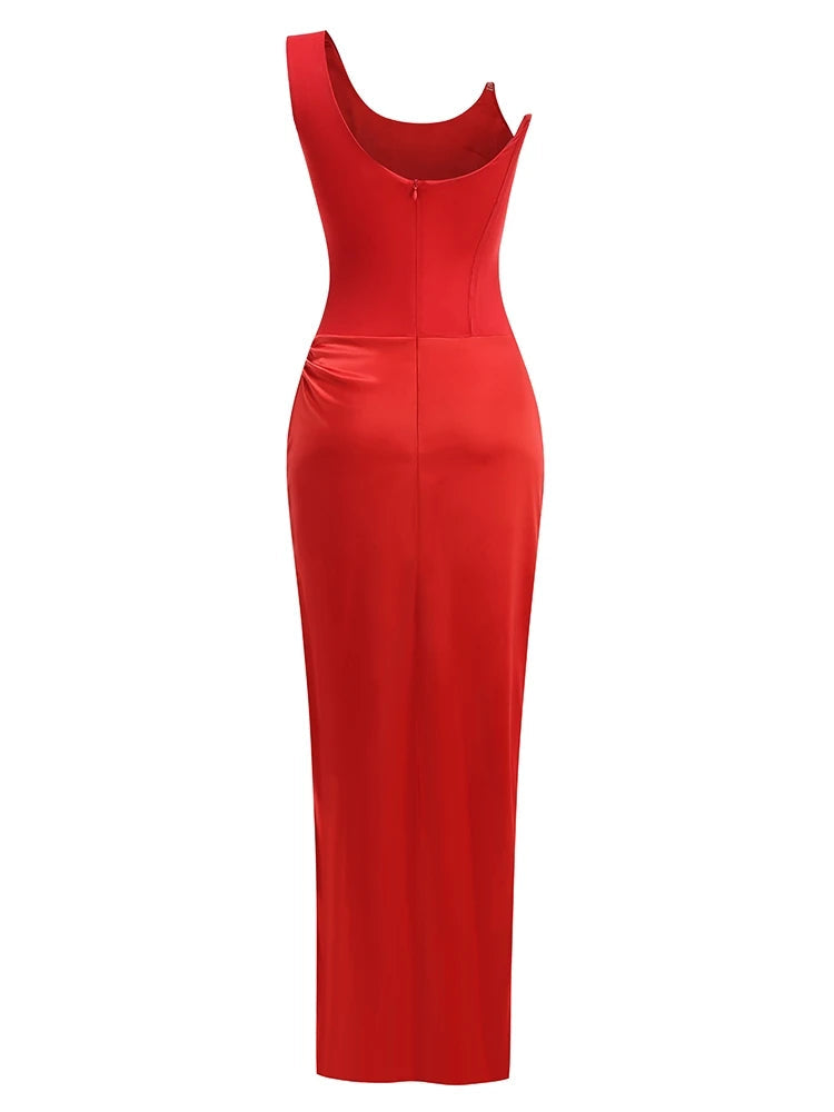 Red Satin Gown Dress with One Shoulder and Sequin/Rhinestone Details