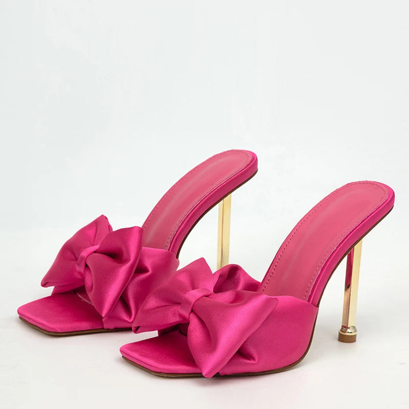 Orange Silk Butterfly-knot High Heels Women Slippers