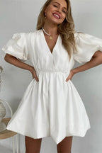 V-Neck Short Sleeves Mini Dress with Elastic Waist