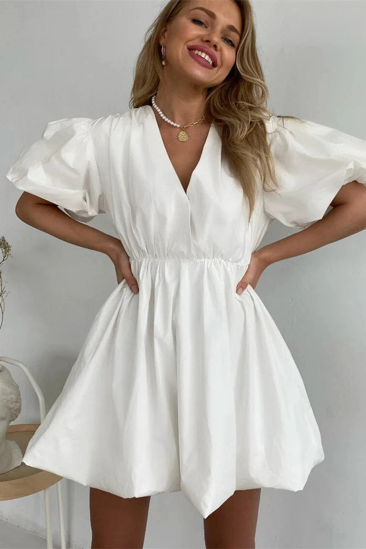 V-Neck Short Sleeves Mini Dress with Elastic Waist