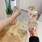 Butterfly Square Style Metal Fretwork Gladiator Sandals for Women with Peep Toe Fashion Heels