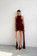 Sleeveless O-Neck Ribbon Pleated Mini Dress