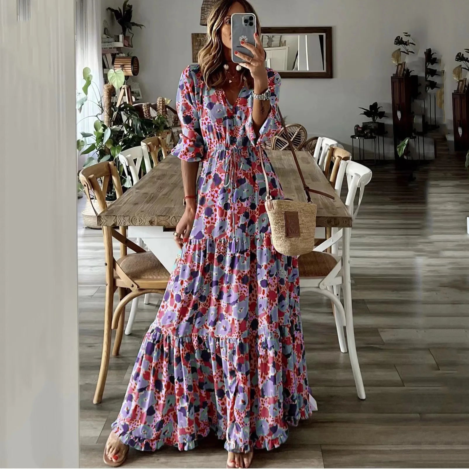 Deep V-Neck Drawstring Waist Tiered Ruffle Abstract Print Maxi Dress