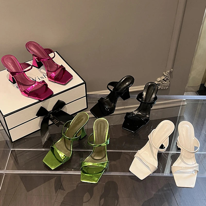 Square Toe High Heel Slippers with Elegant and Strange Design for Women