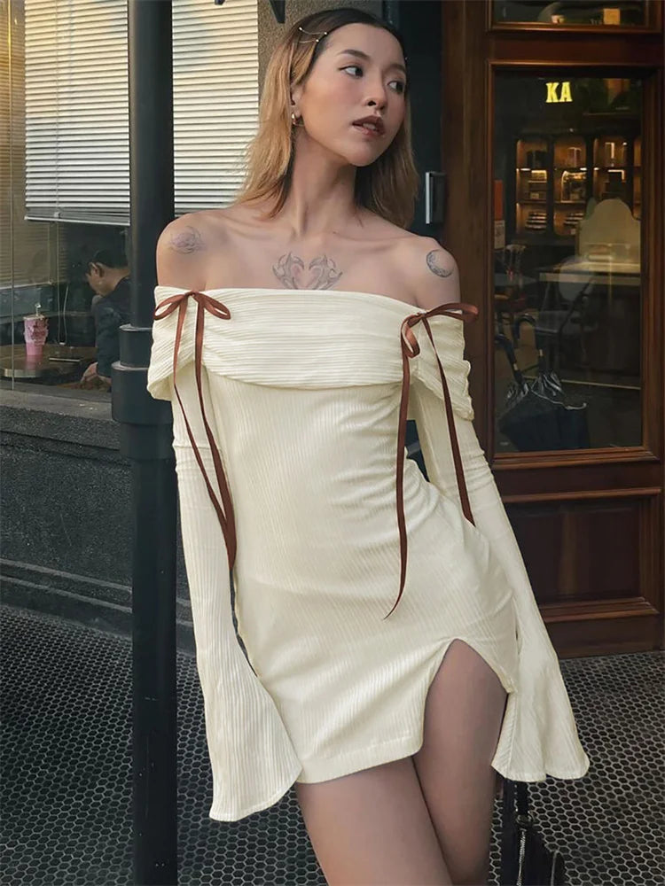 Backless Lace-Up Slim MIni Dress Women's Elegant Ribbed Long Sleeve Off-Shoulder Summer 2024 Dress Female Party Dress New