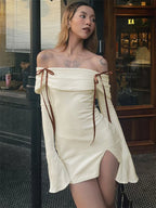 Backless Lace-Up Slim MIni Dress Women's Elegant Ribbed Long Sleeve Off-Shoulder Summer 2024 Dress Female Party Dress New