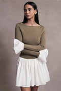 Patchwork High Waist Mini Dress with Long Sleeves