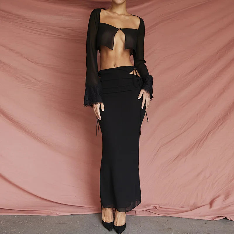 Green See Through Lace Cut Out Cropped Maxi Two Piece Skirt Set