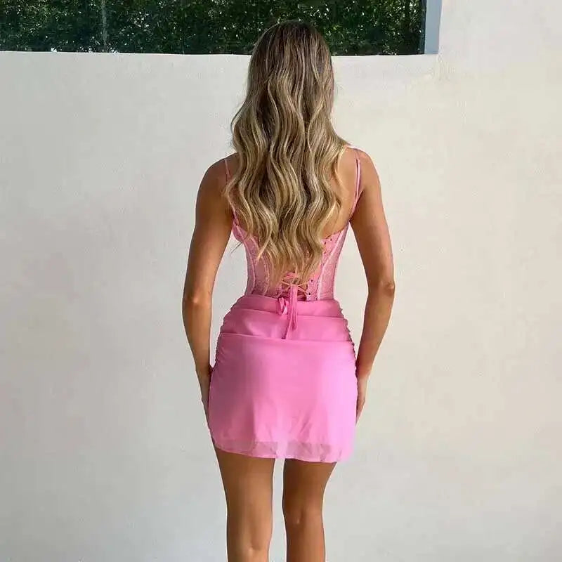 Lace Panel Corset Bustier Tie Front Keyhole Spaghetti Strap Bodycon Mini Dress