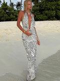 Zebra Print Halter Deep V-Neck Backless Maxi Dress