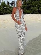 Zebra Print Halter Deep V-Neck Backless Maxi Dress