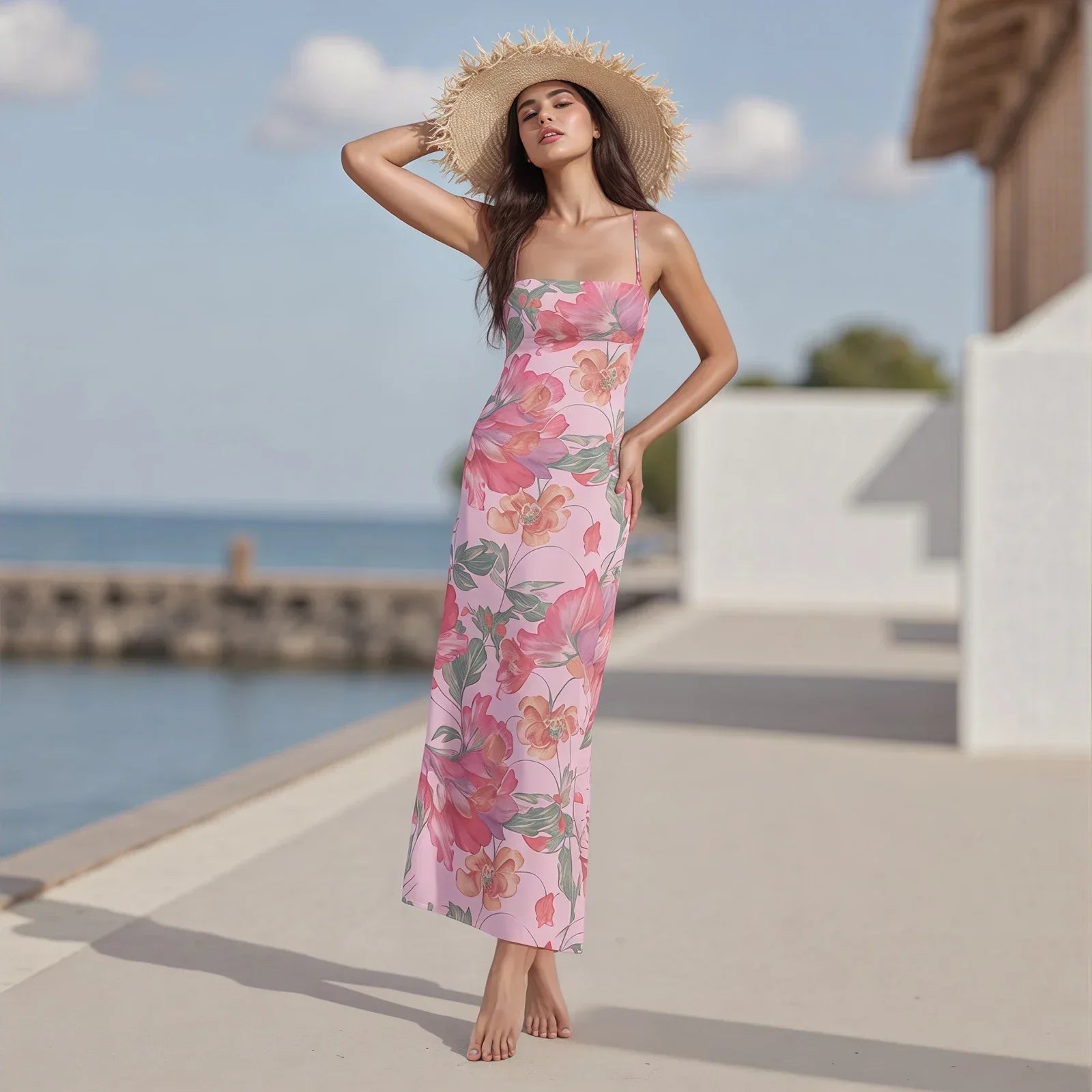Square Neck Spaghetti Strap Floral Print Bodycon Maxi Dress
