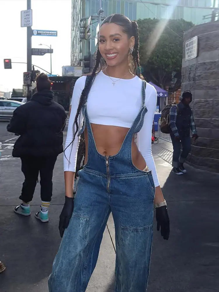 Fashion Denim Jumpsuit for Women Y2K Sleeveless Adjustable Straps Overalls Vintage Female Slant Pockets Jeans Streetwear