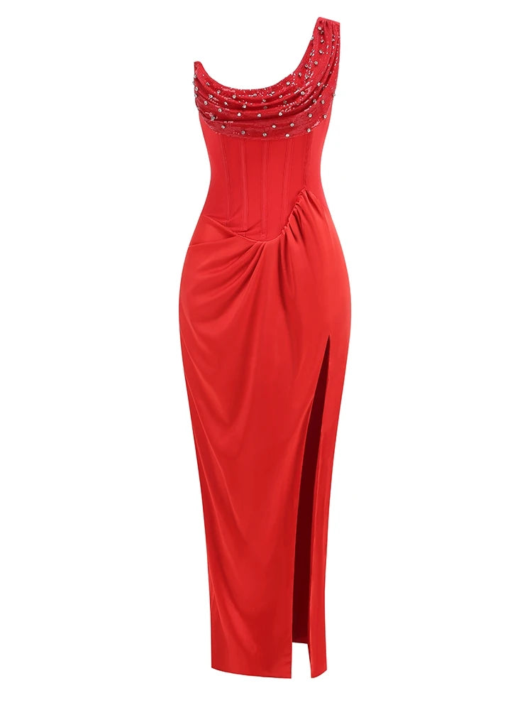 Red Satin Gown Dress with One Shoulder and Sequin/Rhinestone Details