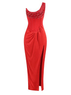 Red Satin Gown Dress with One Shoulder and Sequin/Rhinestone Details