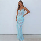 Lace Cowl Neck Spaghetti Strap Tiered Ruffle Bodycon Maxi Dress