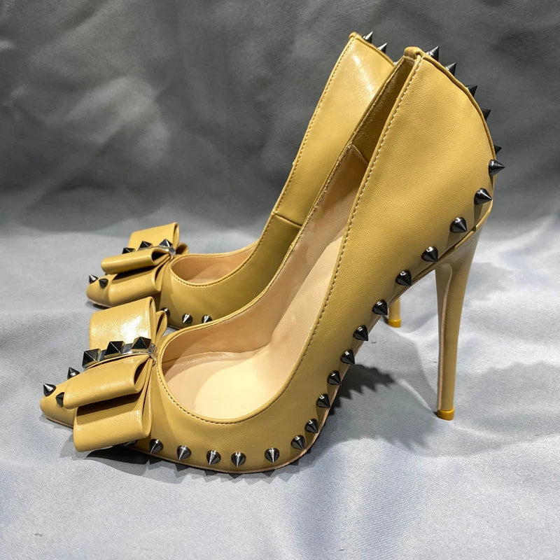 Nude Matte Pointy Toe High Heel Shoes with Spikes Bow