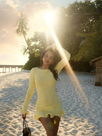 Boat Neck Long Sleeve Knit Ruffle Cuff and Hem Mini Dress