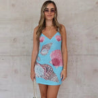 Seashell Print V-Neck Spaghetti Strap Bodycon Mini Slip Dress