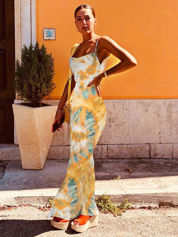 Tie-Dye Print Cowl Neck Spaghetti Strap Slip Maxi Dress