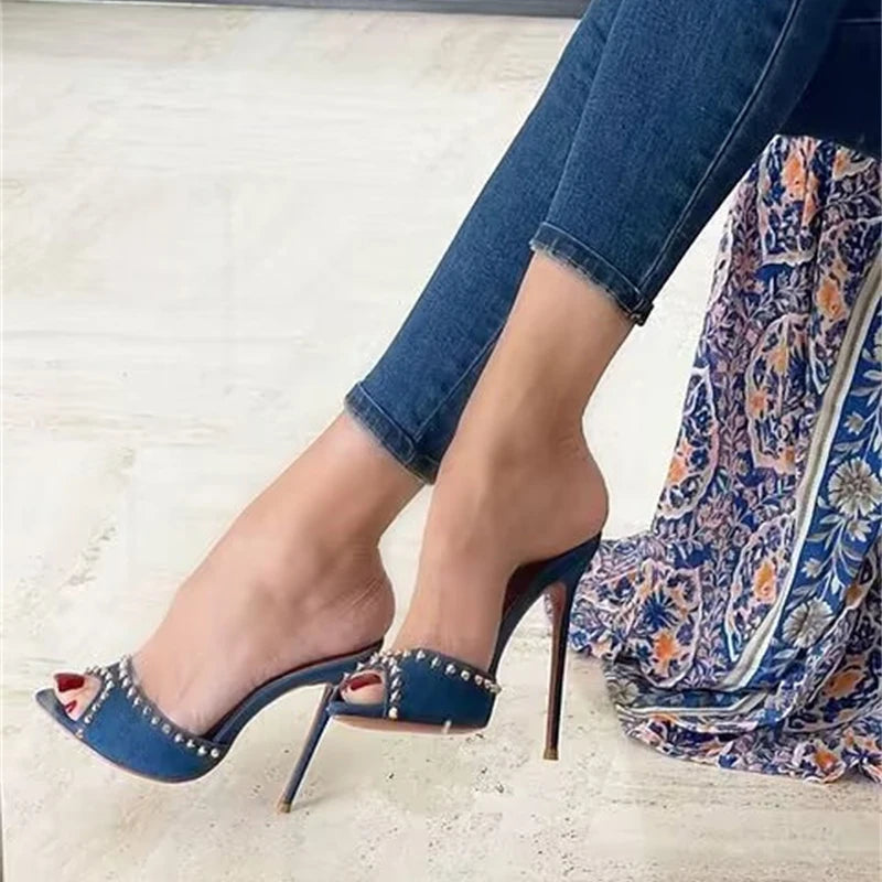 Metal Rivet Designer High Heels Women Slippers for Summer Fashion