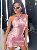 One Shoulder Metallic Foil Bodycon Mini Dress