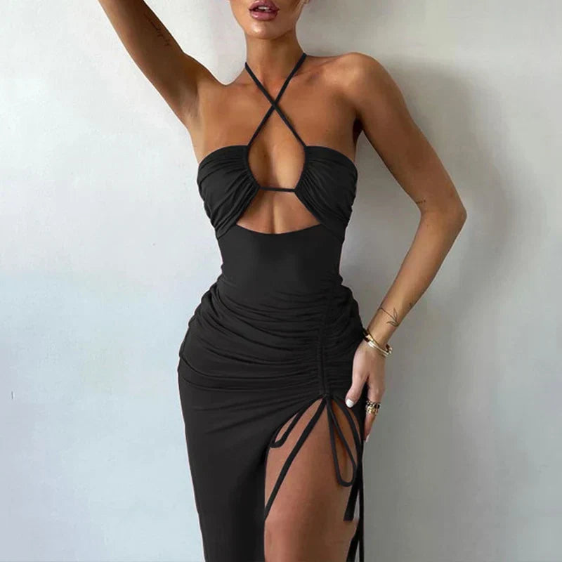 Halter Lace Up Cut Out Ruched Side Slit Bodycon Midi Dress