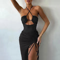 Halter Lace Up Cut Out Ruched Side Slit Bodycon Midi Dress