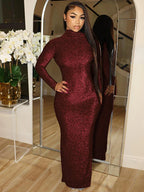 High Neck Long Sleeve Glitter Lurex Knit Bodycon Maxi Dress