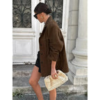 Vintage Lapel Pocket Suede Leather Jacket Women Fashion Loose Single Button Oversize Brown Coats Female Street Chic Clothes