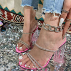 CRYSTAL Narrow Band Square Heel Slippers