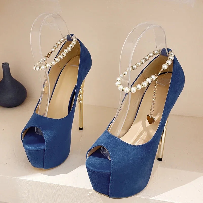 String Bead Buckle Strap Woman Pumps Platform Stiletto High Heels