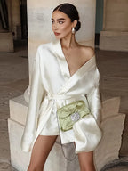 Satin Deep V Wrap Tie Waist Bell Sleeve Mini Dress