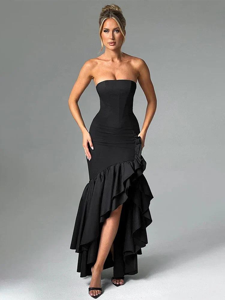 Strapless Floral Print High Low Ruffle Trim Asymmetric Hem Side Slit Maxi Dress