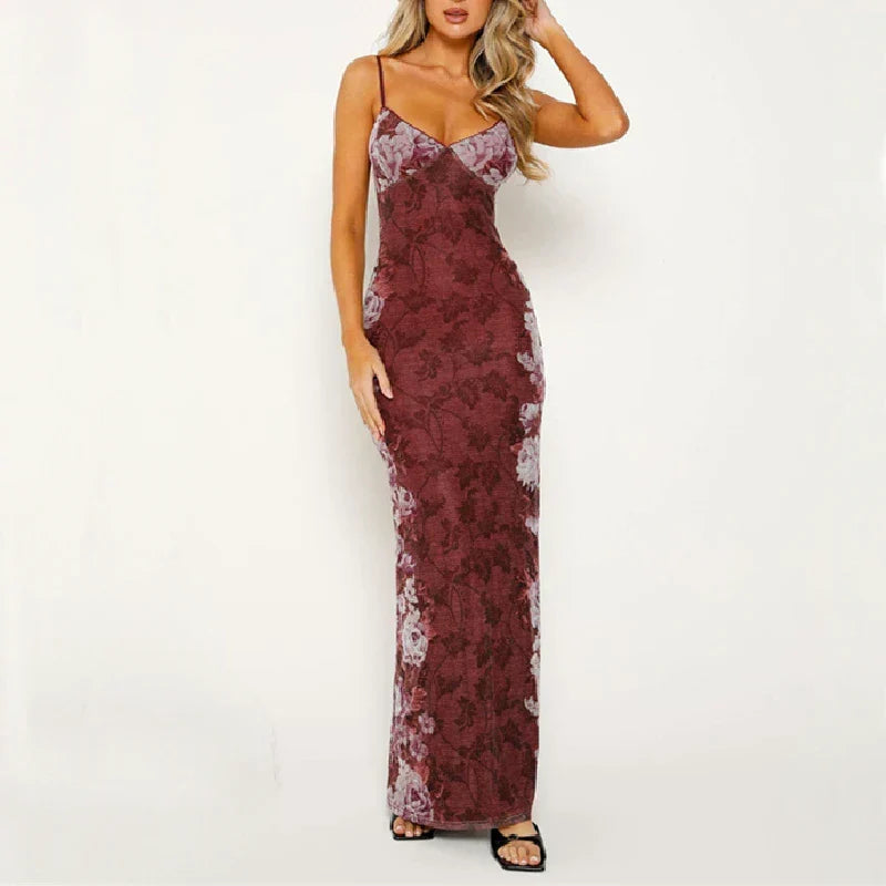 Large Floral Print Spaghetti Strap Deep V-Neck Bodycon Maxi Dress