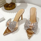 Pointed Toe Mule High Heels Stripper with Bowknot and Transparent PVC