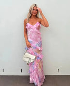 Watercolor Floral Print Ruffle Tier Spaghetti Strap Maxi Dress