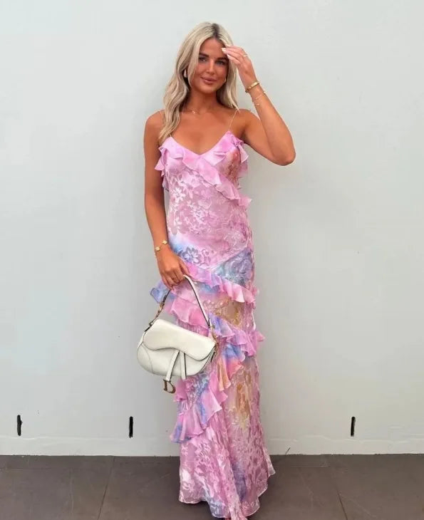 Watercolor Floral Print Ruffle Tier Spaghetti Strap Maxi Dress