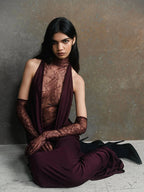 Mock Neck Lace Panel Cowl Plunge Ruched Draped Lace Glove Maxi Gown