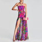 Strapless Floral Print High Split Maxi Dress
